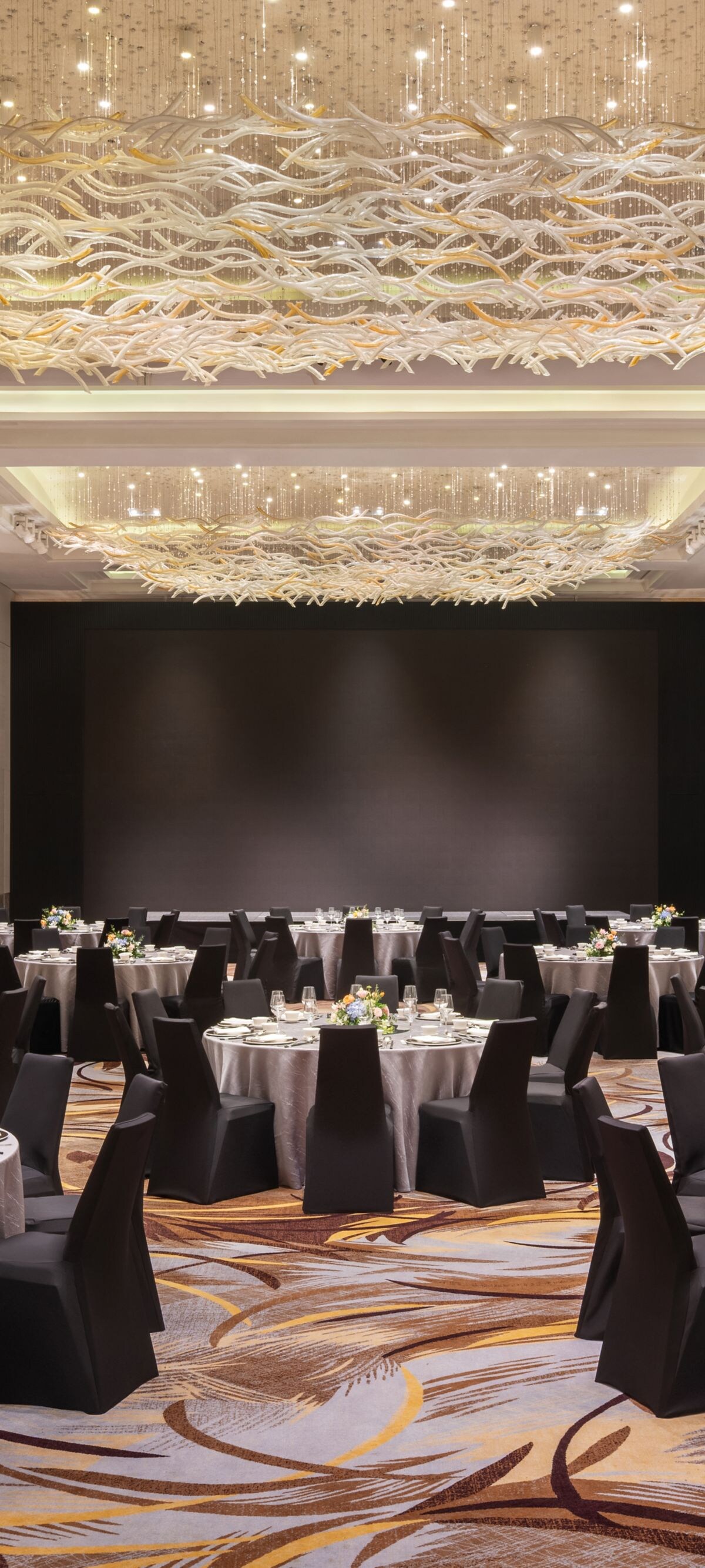 Ballroom setup with banquet tables 