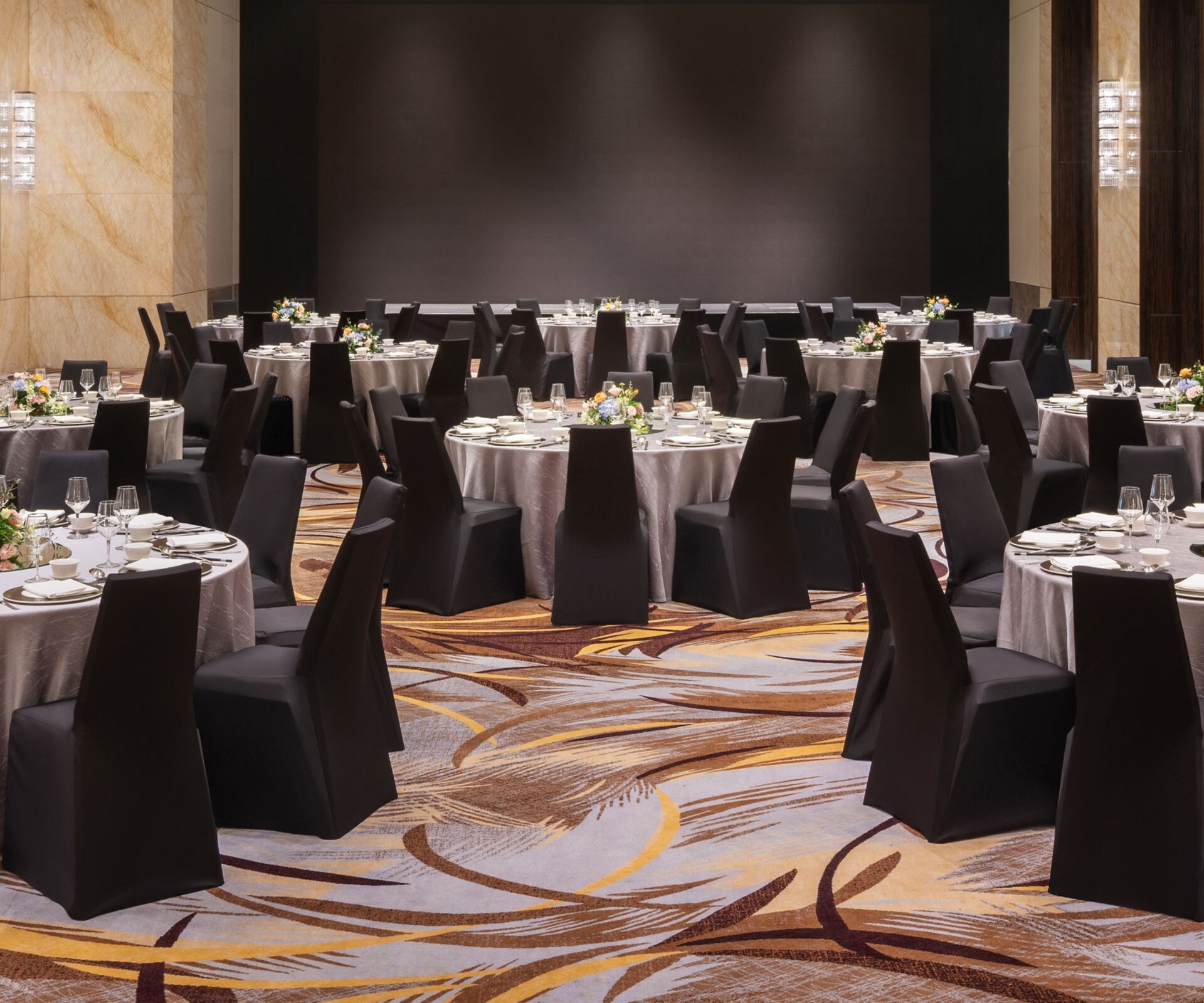 Ballroom setup with banquet tables 