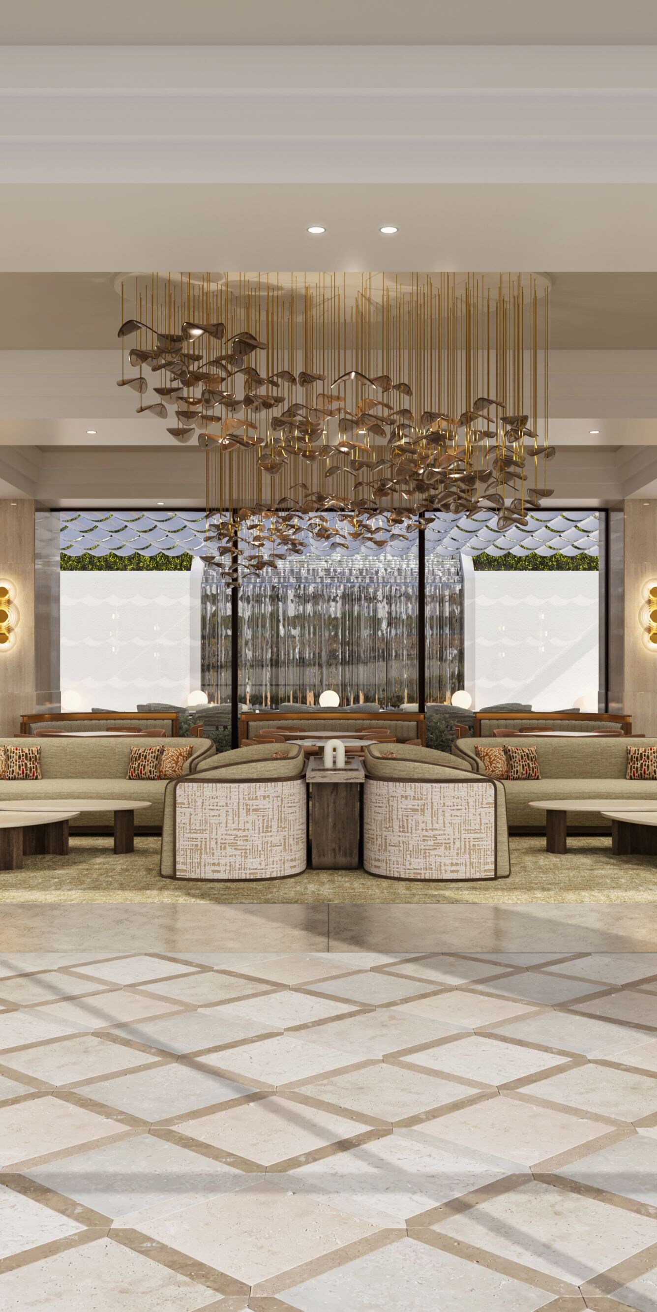 lobby with plants, couches, and chandeliers
