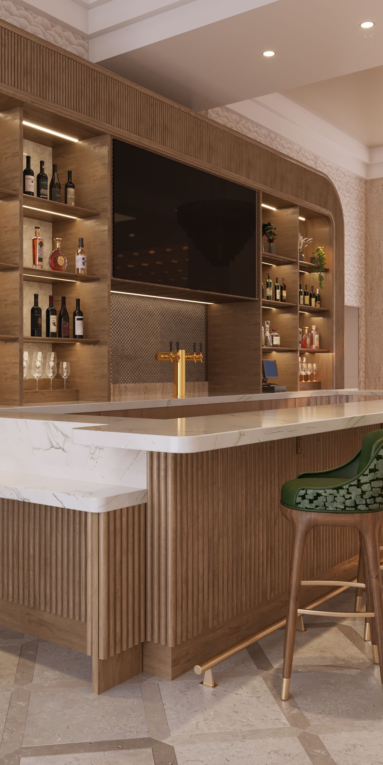 hotel bar with tall bar chairs with green fabric