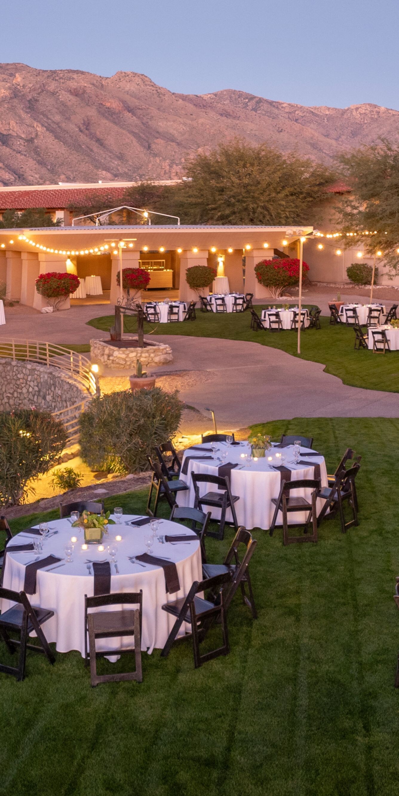 Evening lawn reception with tables and mountains