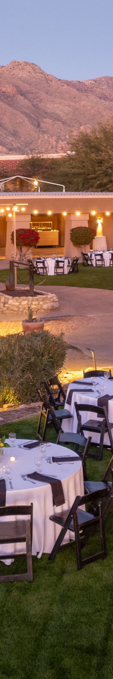 Evening lawn reception with tables and mountains