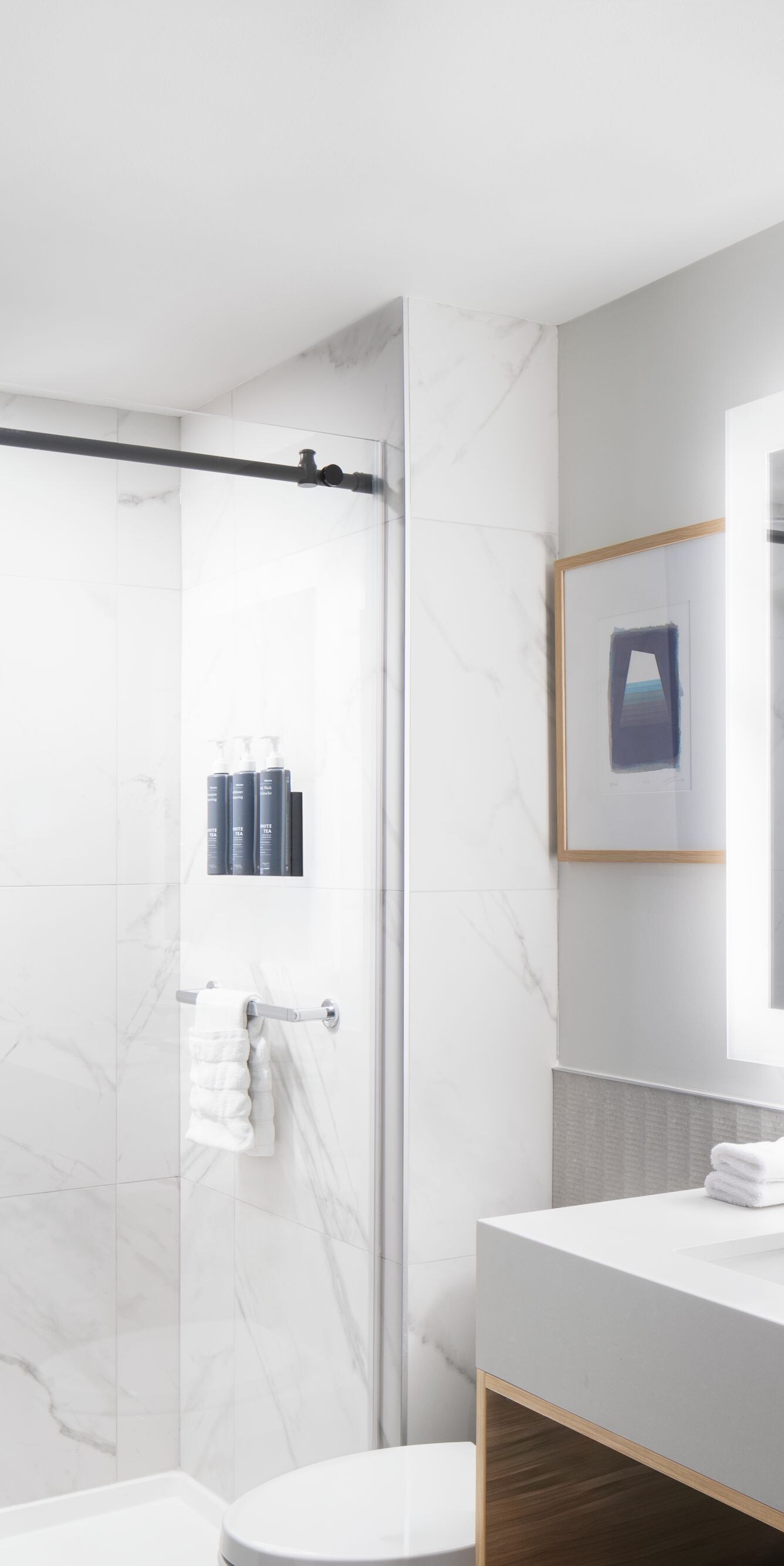 douche à l'italienne, portes en verre, meuble de toilette