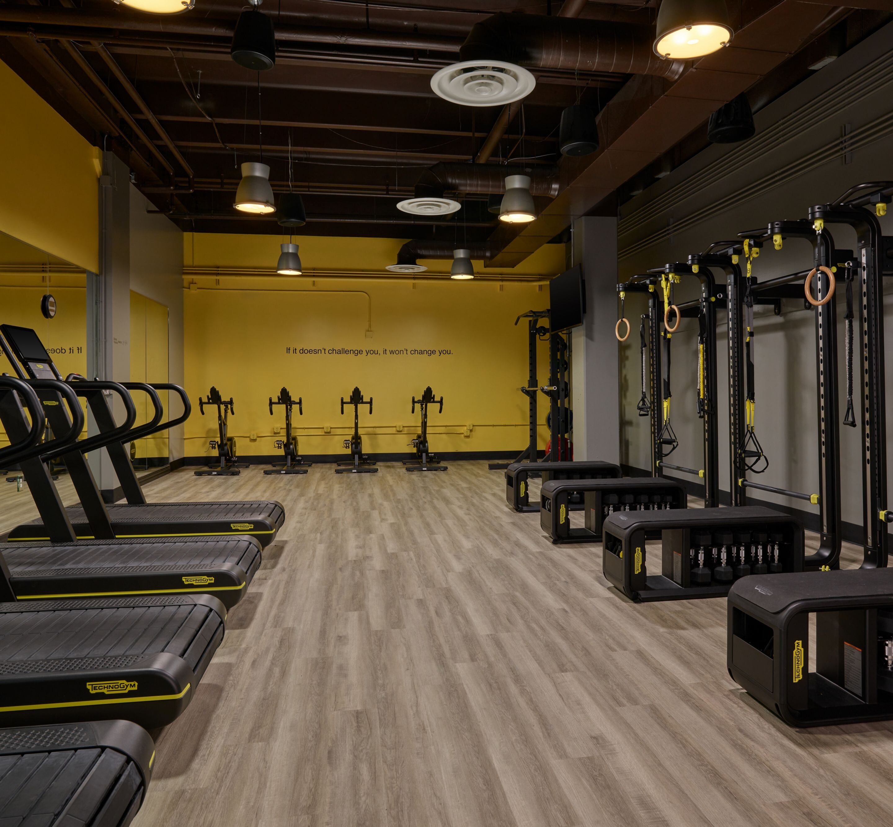 Gym with treadmills, bikes, weights 