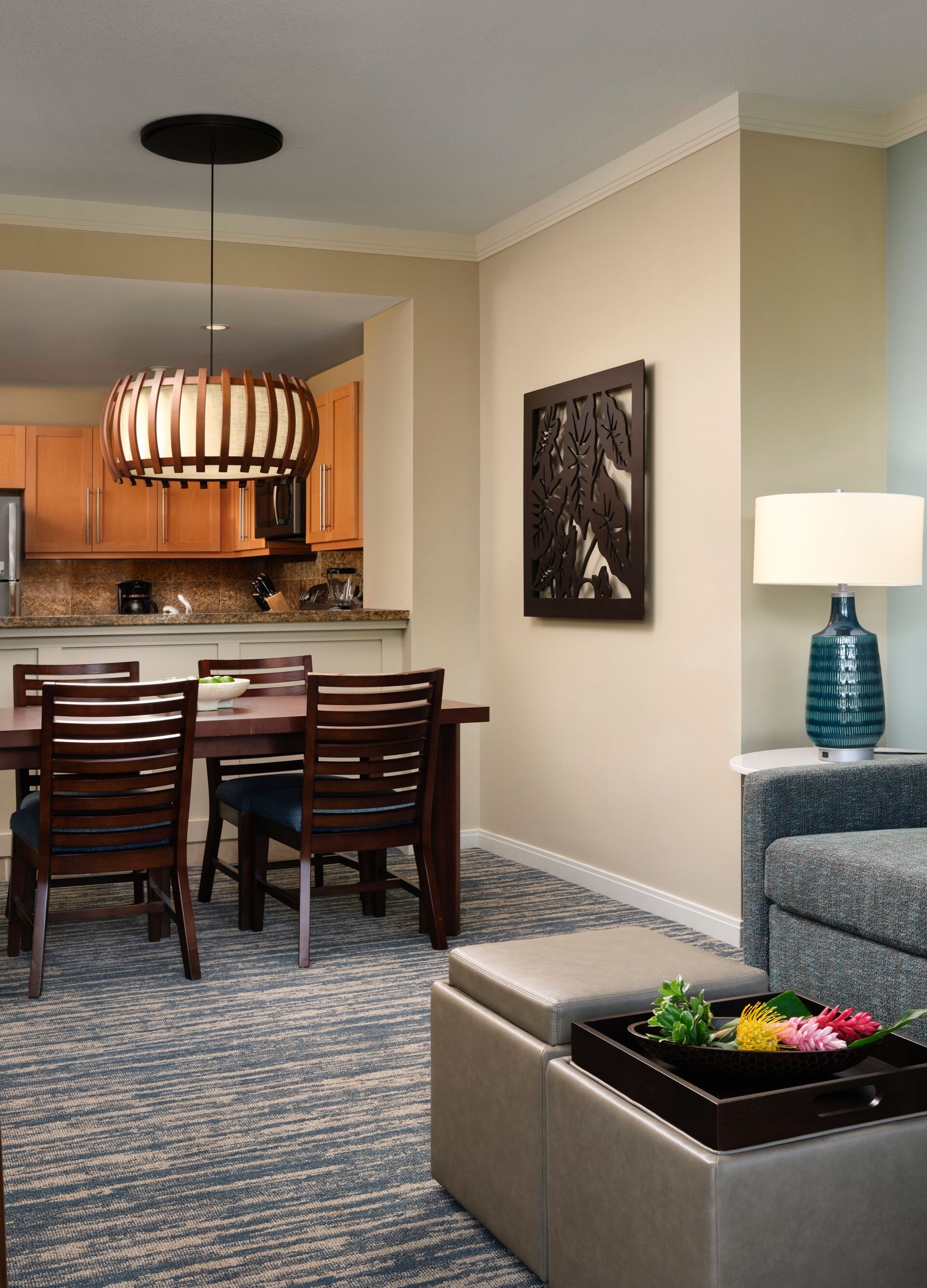 Sofa, TV, dining table, full kitchen