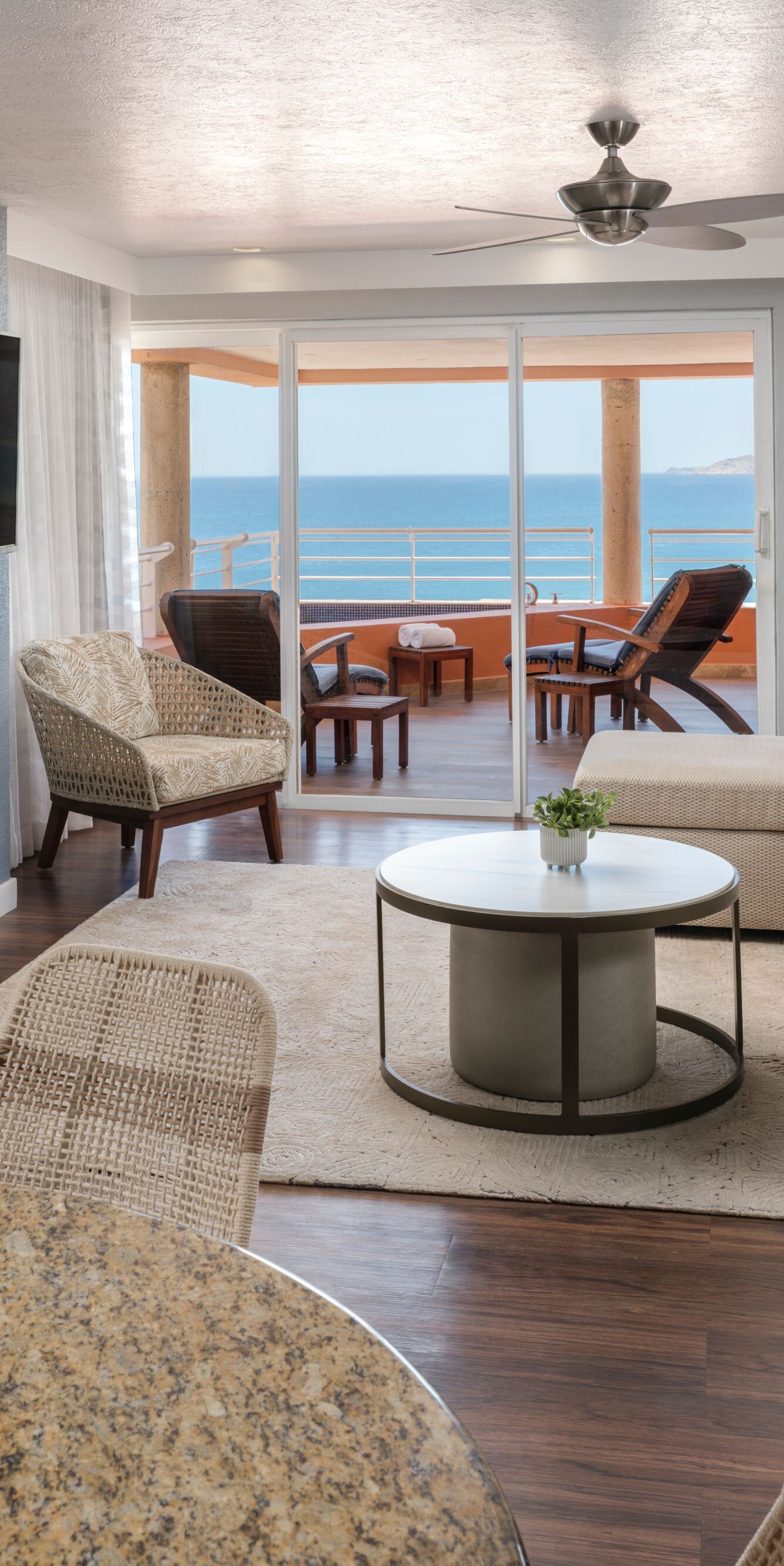 Spacious living room with oceanview balcony