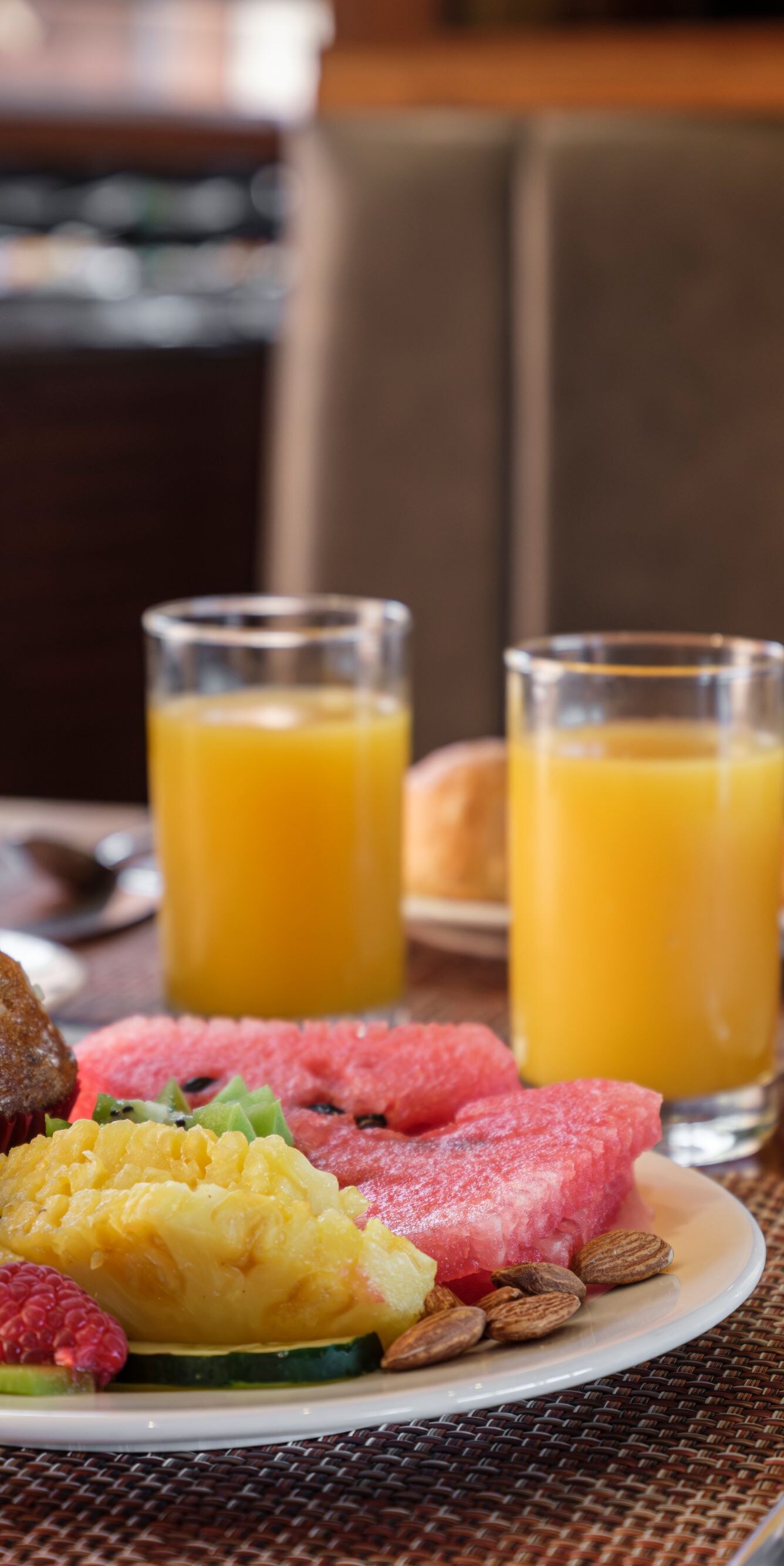 Drinks and plated food on dining table