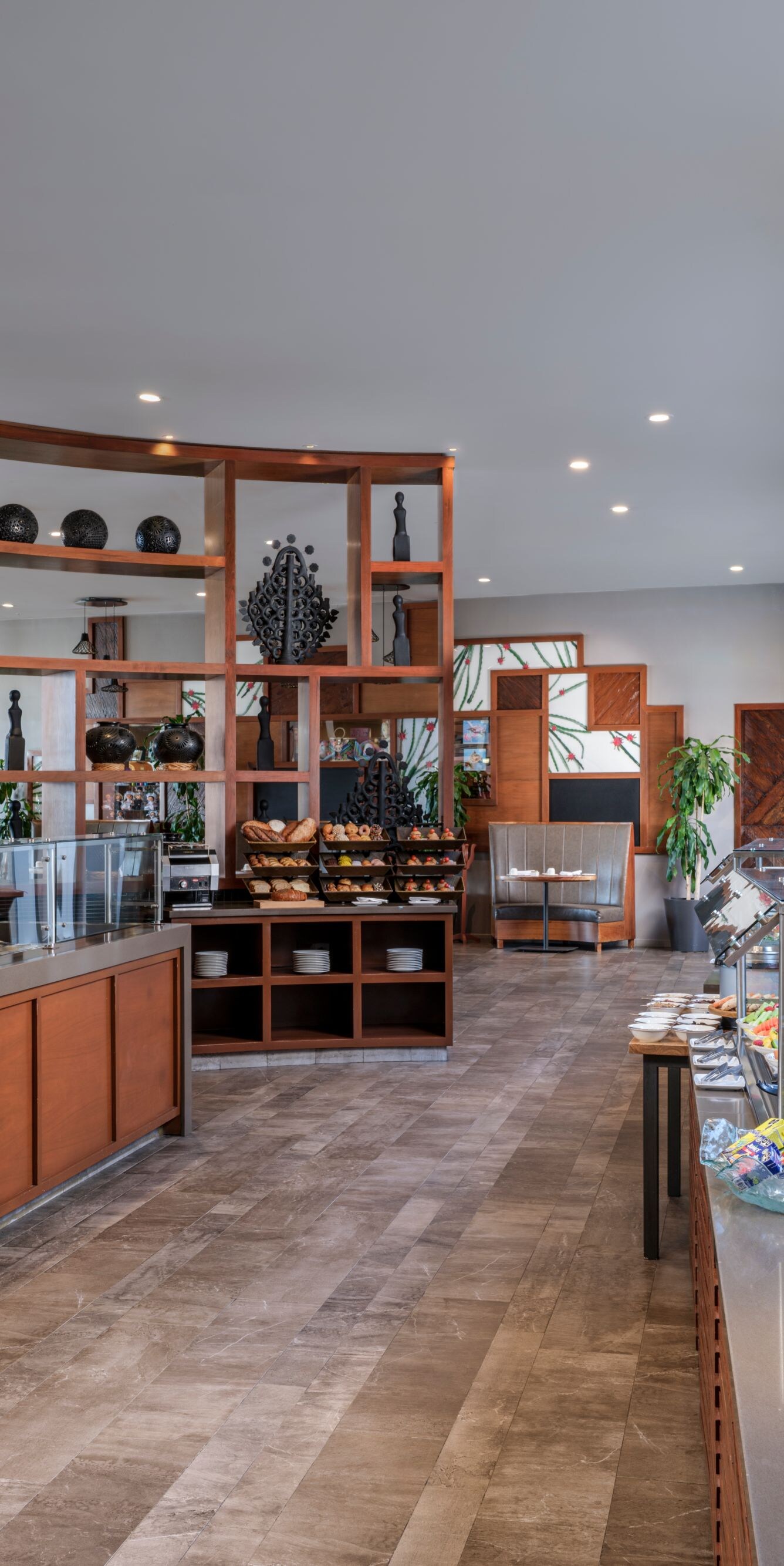 Indoor dining area with buffet food