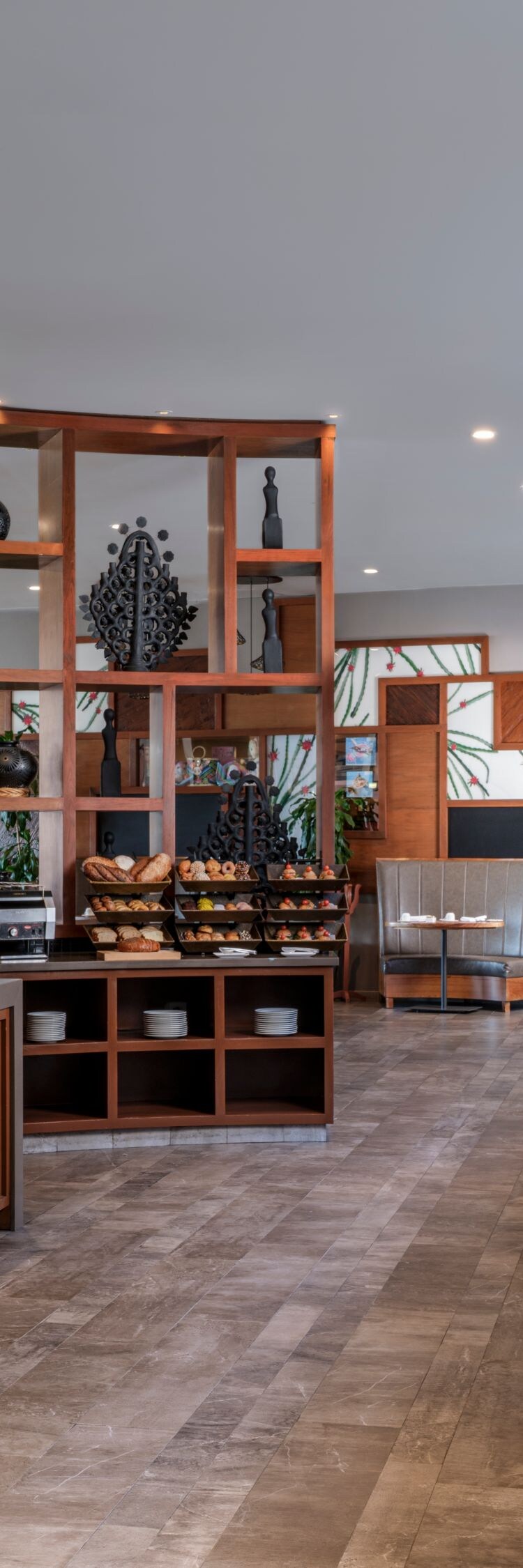 Indoor dining area with buffet food