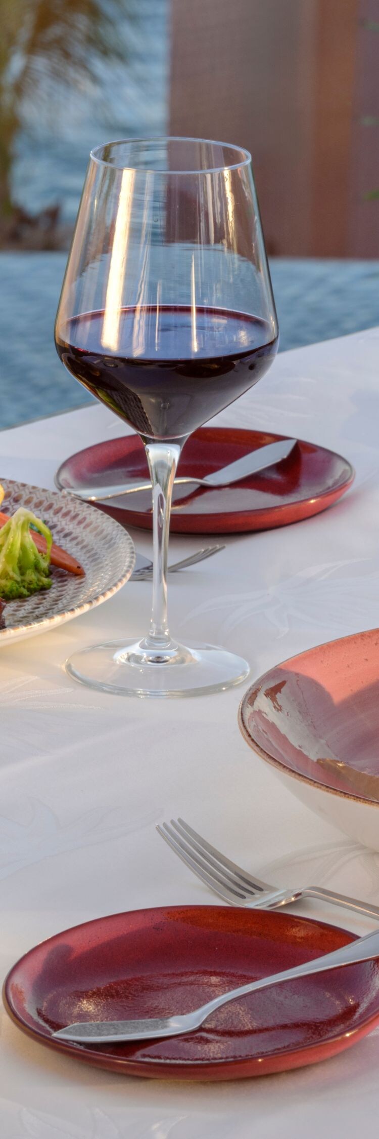 Oceanfront dining table with plated meals and wine