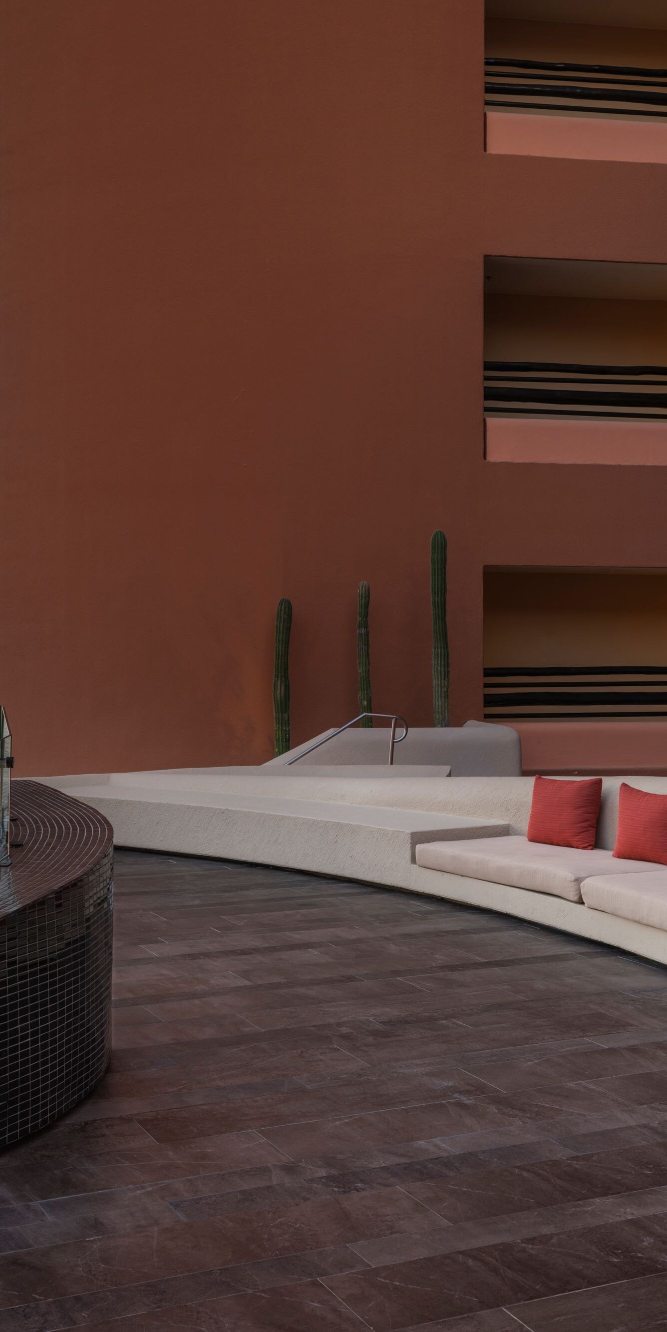 Outdoor firepit and seating area at twilight
