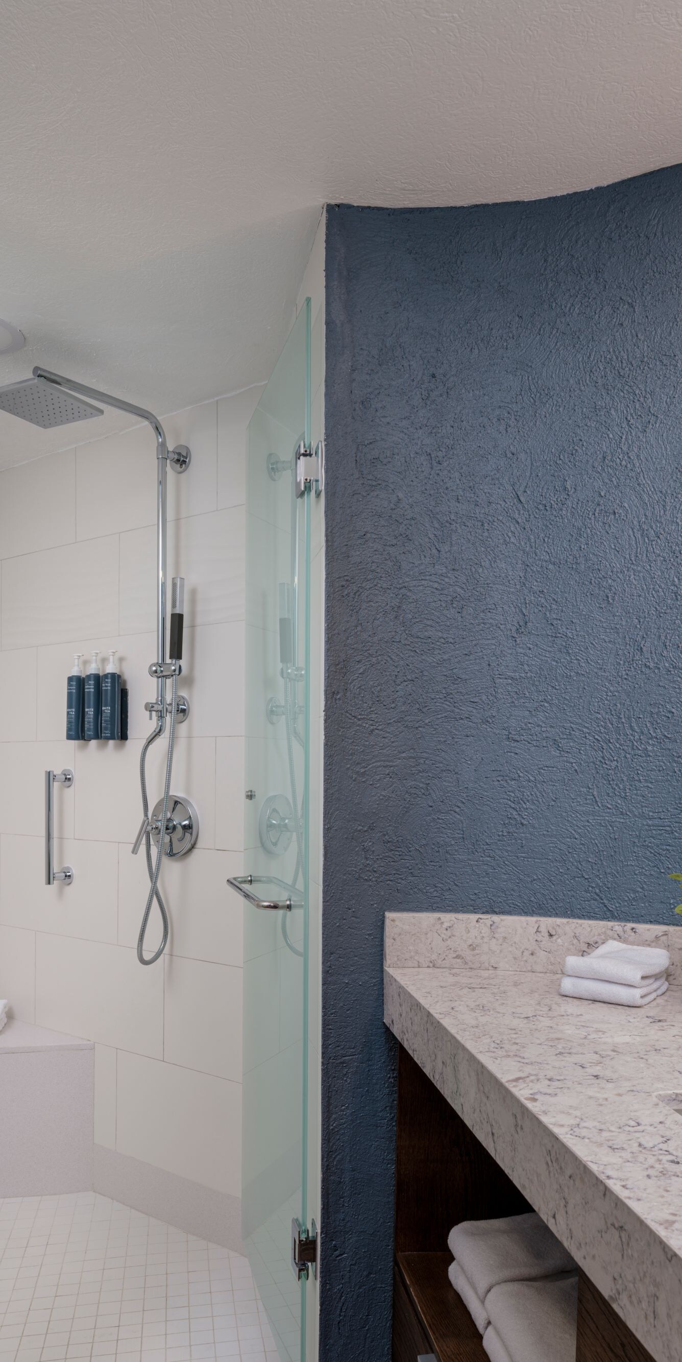 Vanity with one sink and walk-in shower