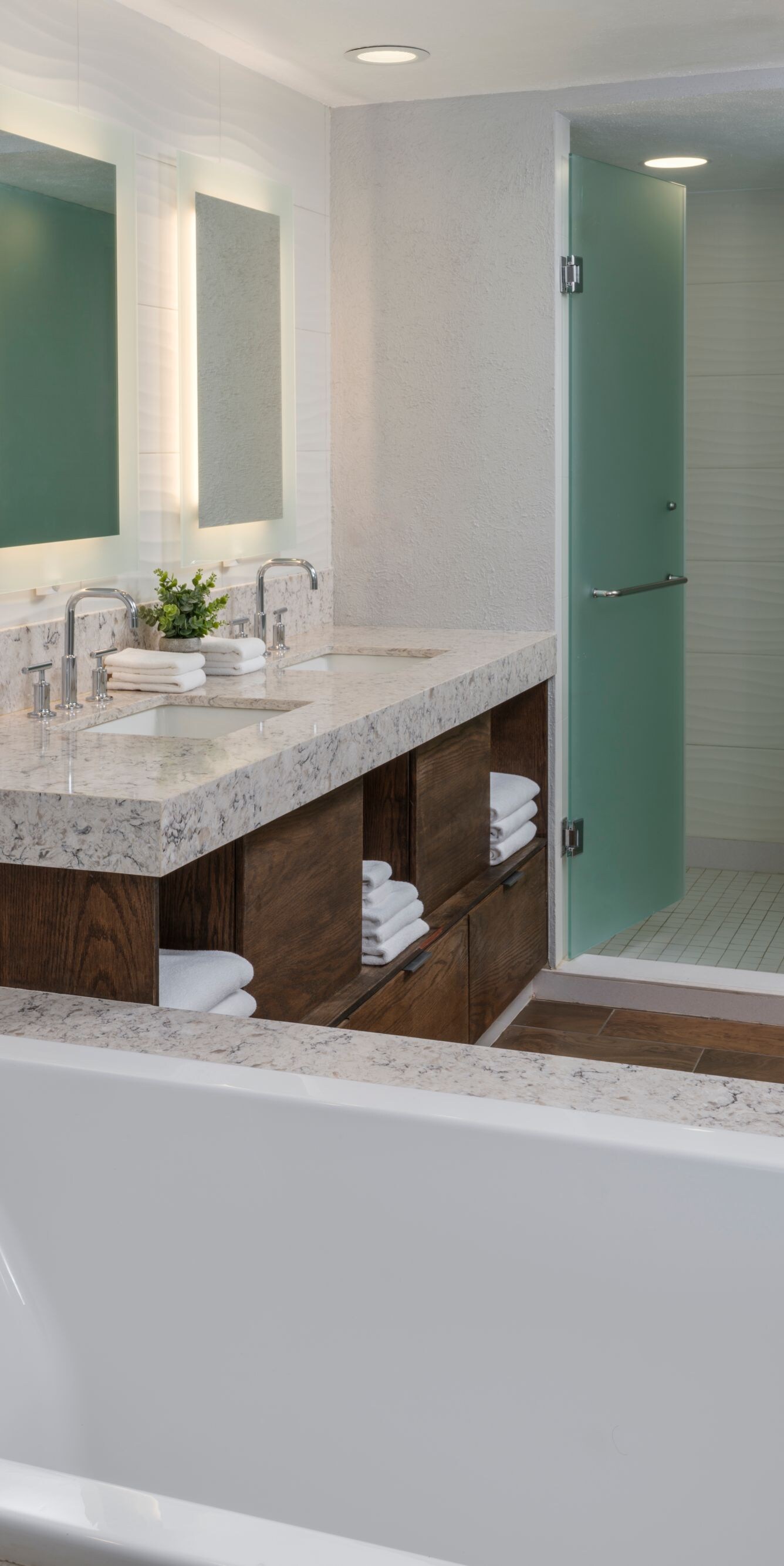 Double vanity, soaking tub, and walk-in shower