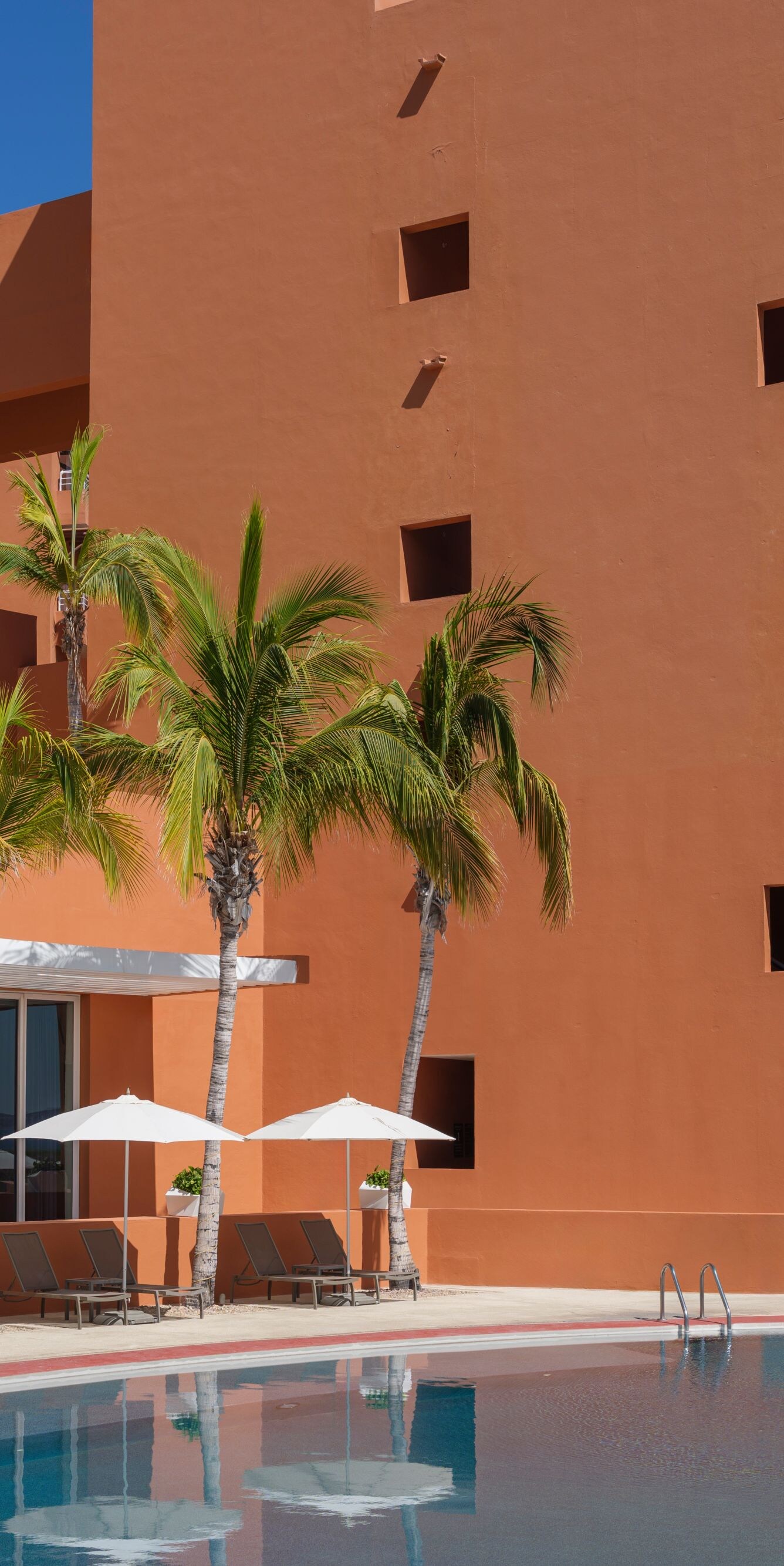 Pool beside resort building with palm trees 