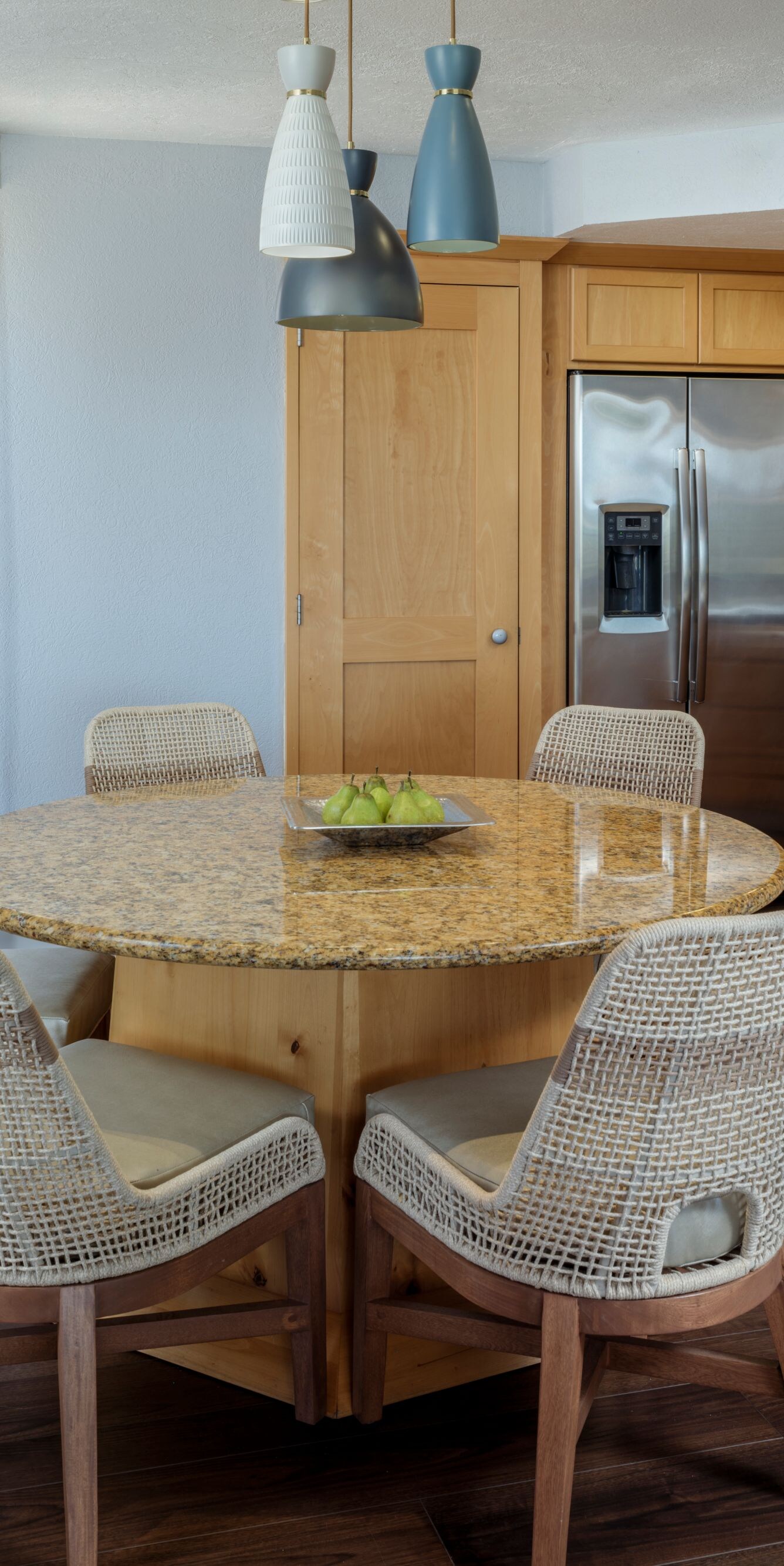 Dining table with chairs and kitchen 