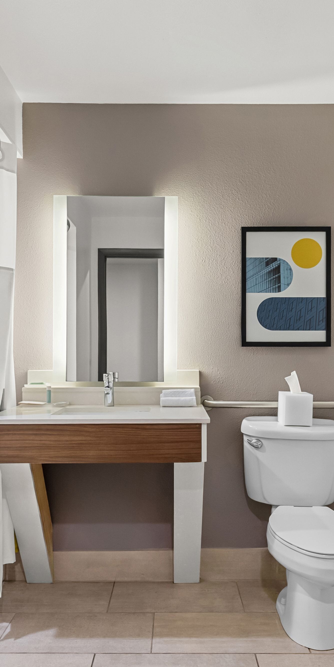 Accessible bathroom with grab bars and vanity