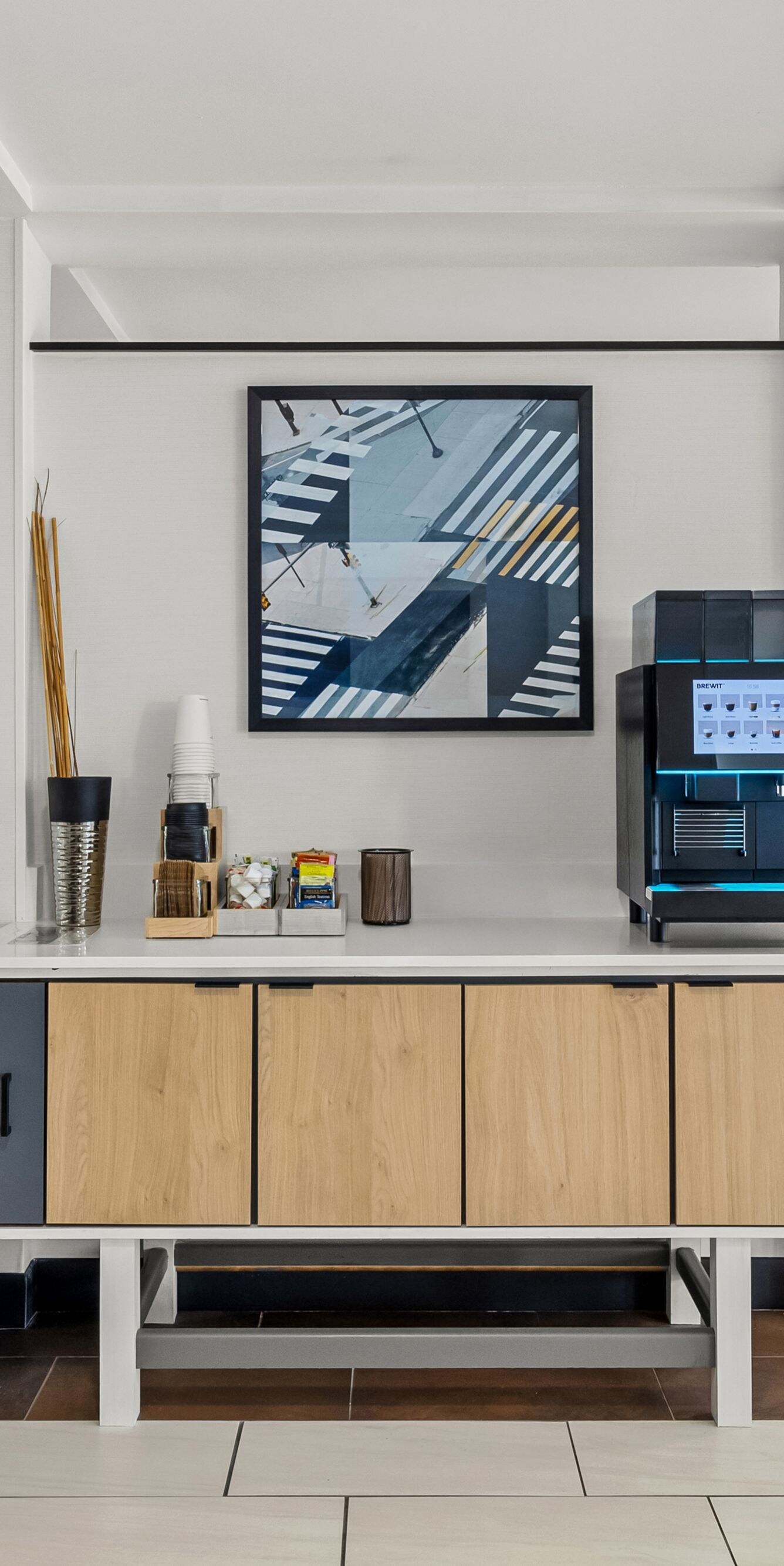 Self-serve coffee station near front desk