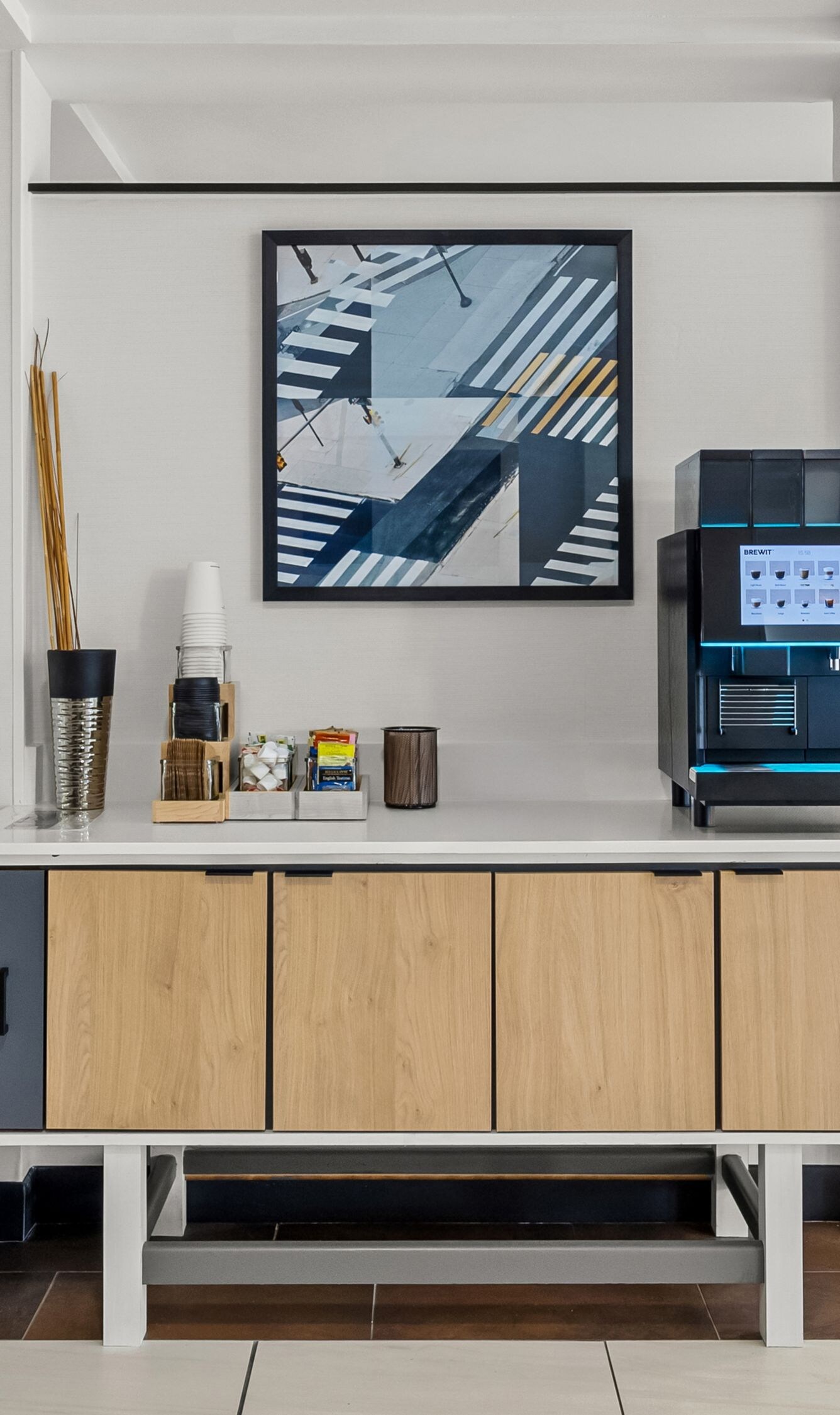 Self-serve coffee station near front desk