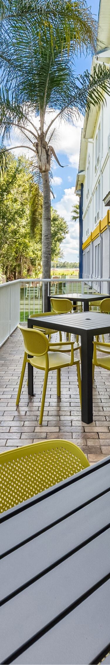 Patio tables overlooking landscaped lawn and palms