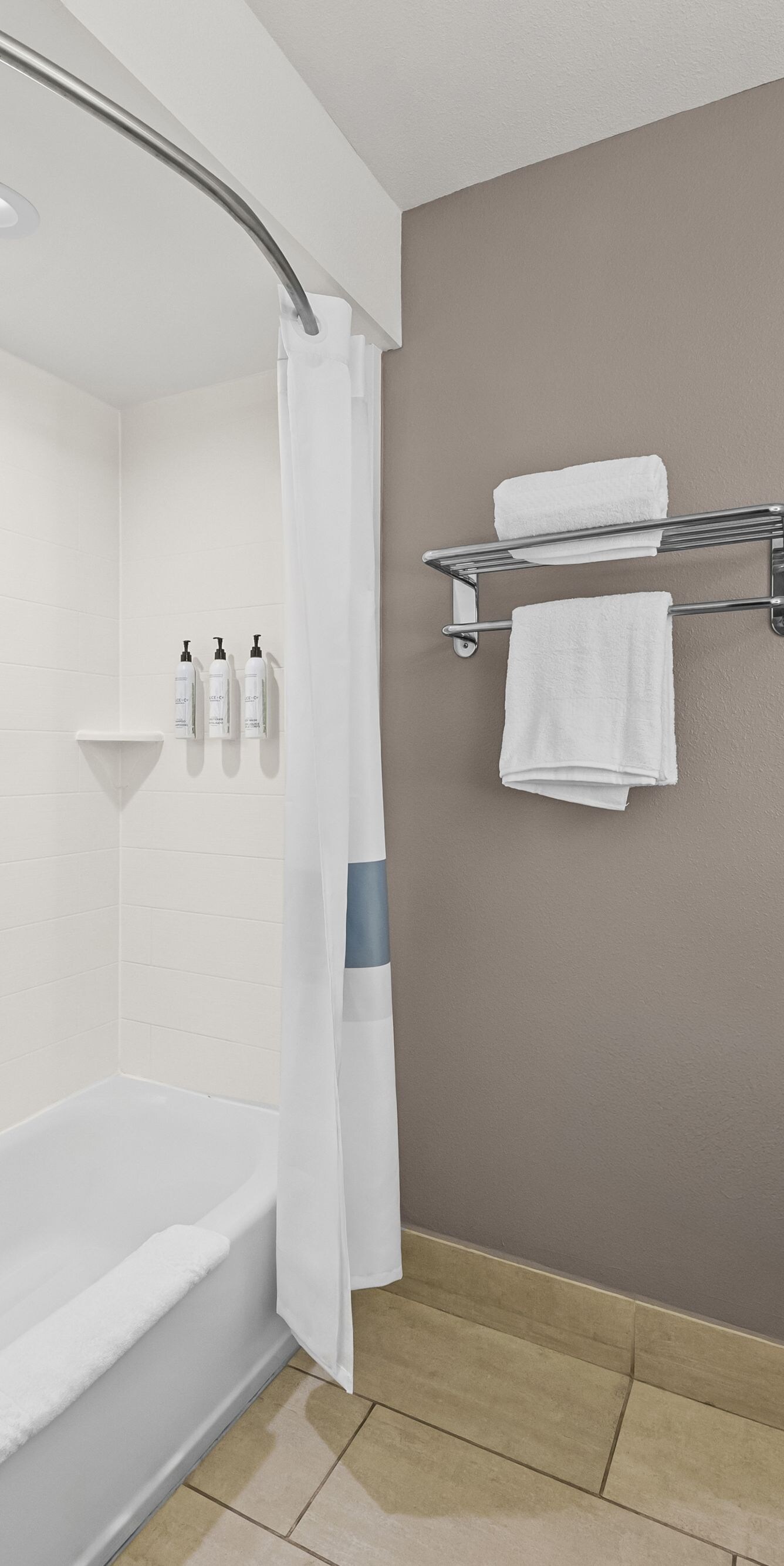 Bathroom with tub, shower and towel rack
