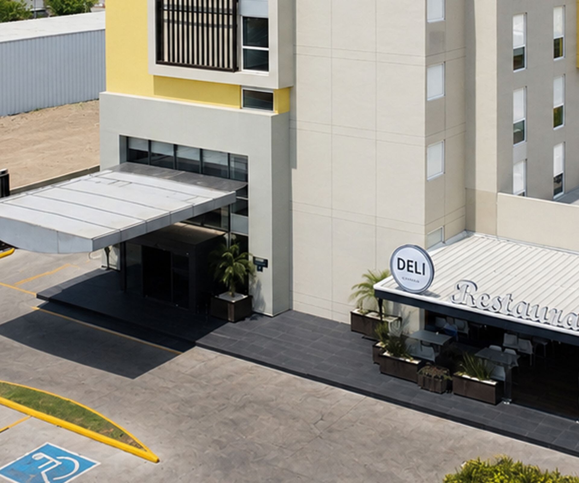 Exterior of hotel entrance and parking lot