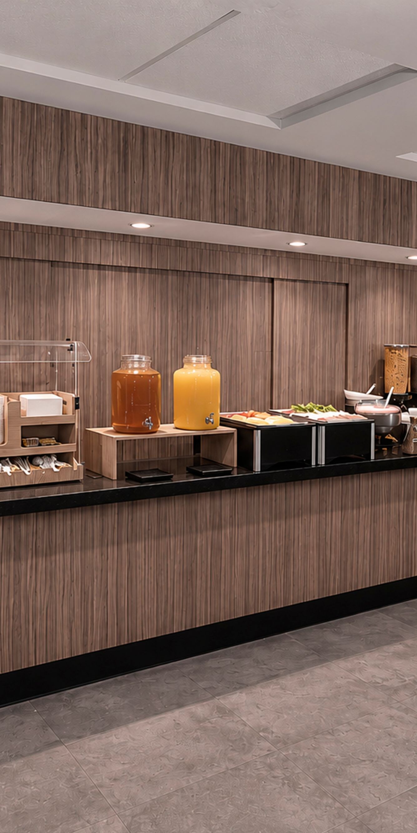 buffet counters displaying breakfast items