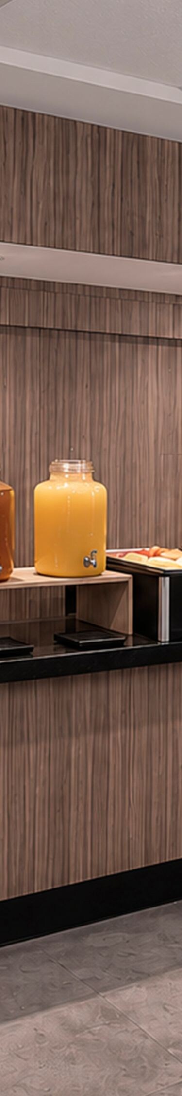 buffet counters displaying breakfast items