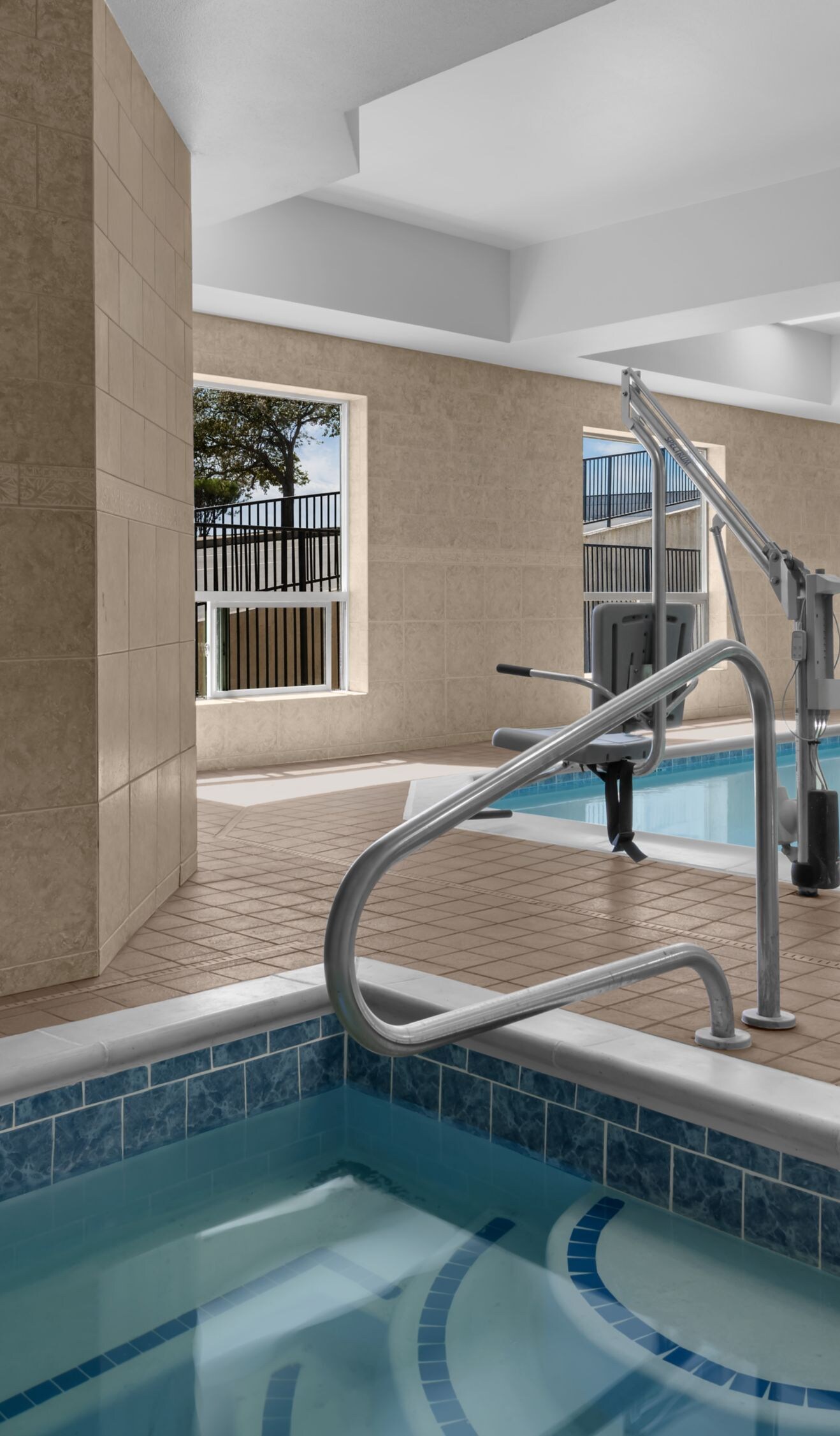 Whirlpool, pool towels, windows
