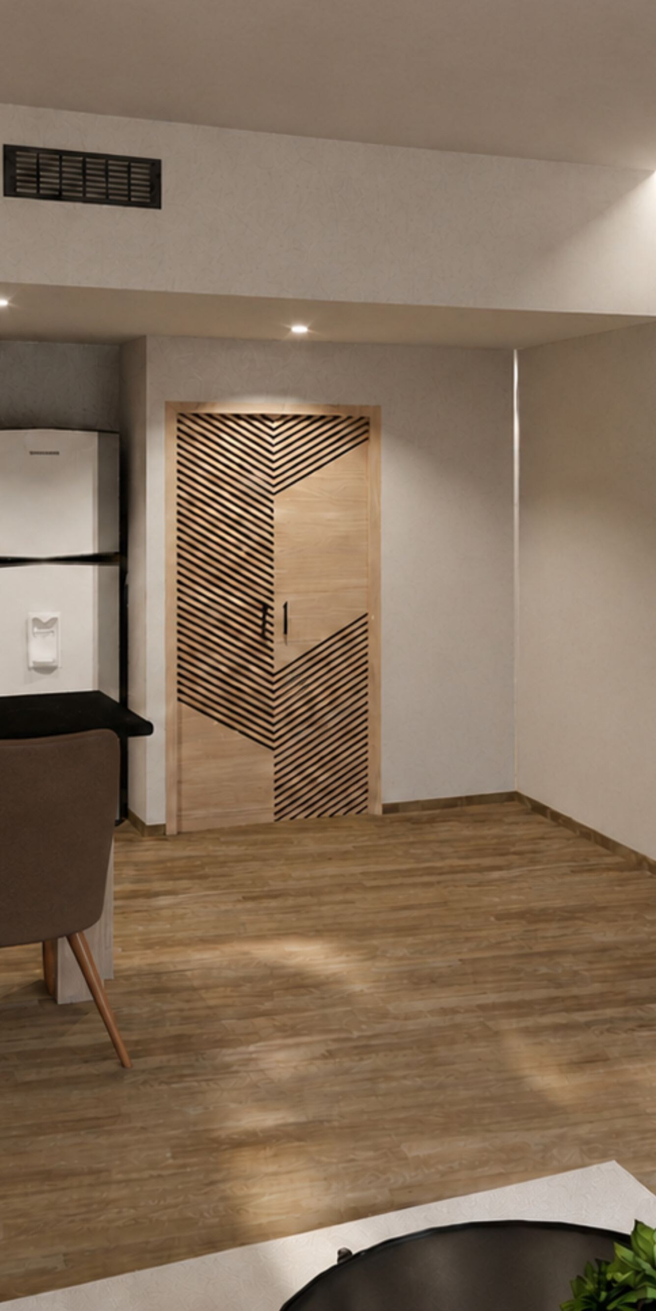 Sala de estar, televisor, sillas, refrigerador, muebles