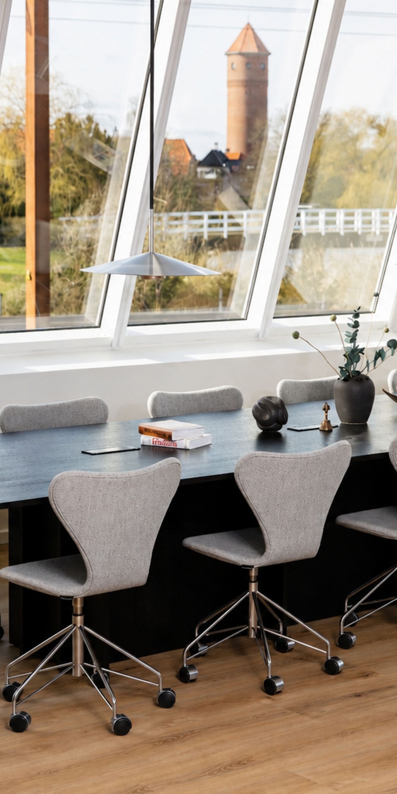 Meeting room with table and countryside view