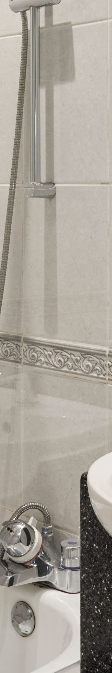 Bath with over head shower and wash hand basin
