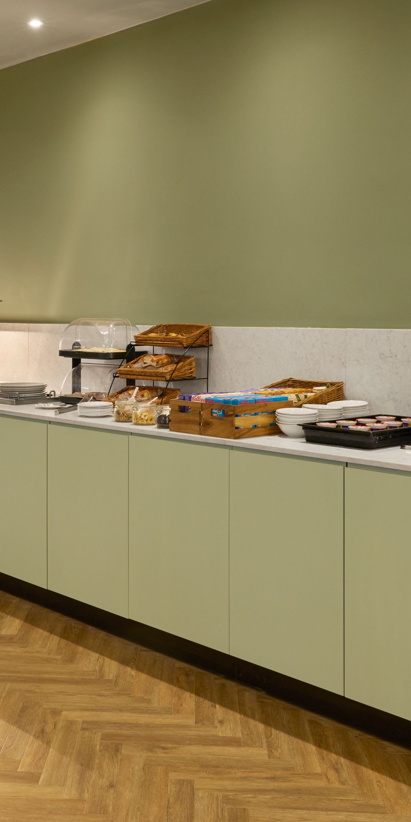 Breakfast buffet area, hot food and continental