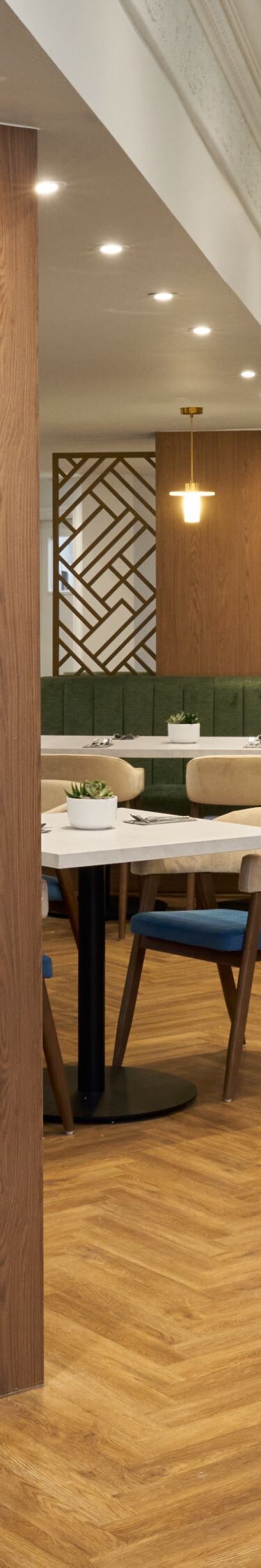 Seating and breakfast buffet area