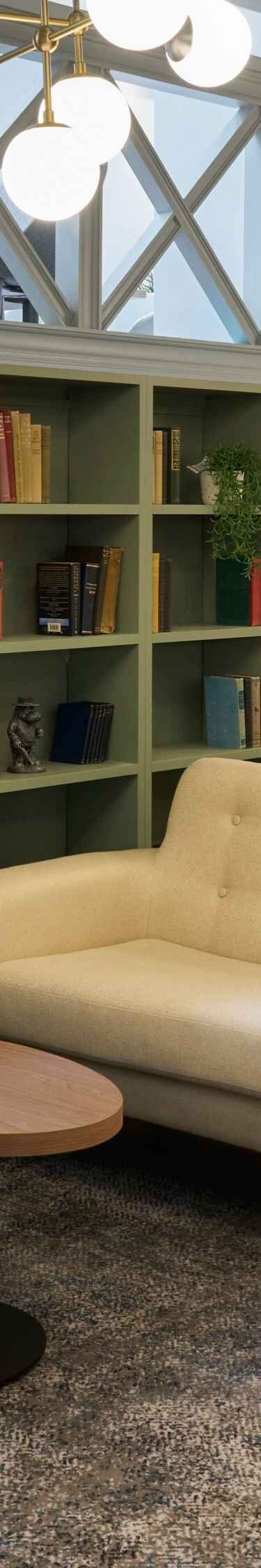 Comfy Lounge with sofas, tvs and bookcase