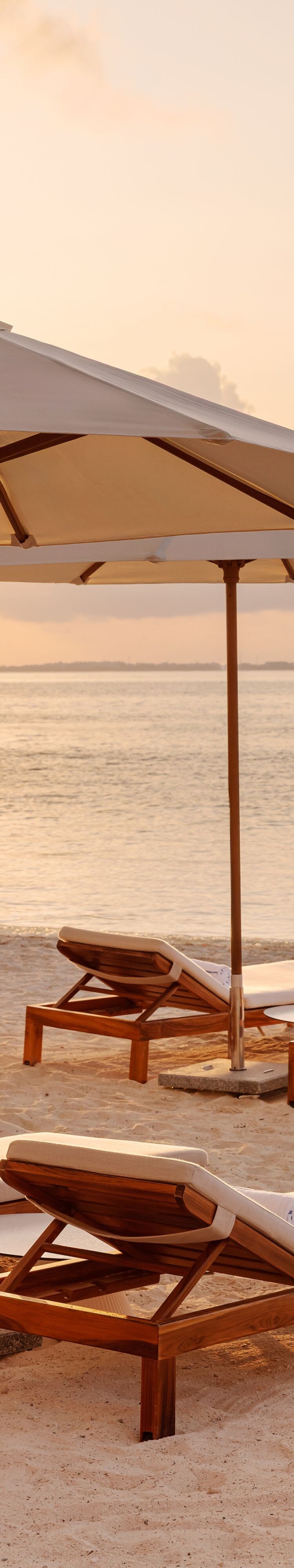 Sillas reclinables frente a la playa con sombrillas
