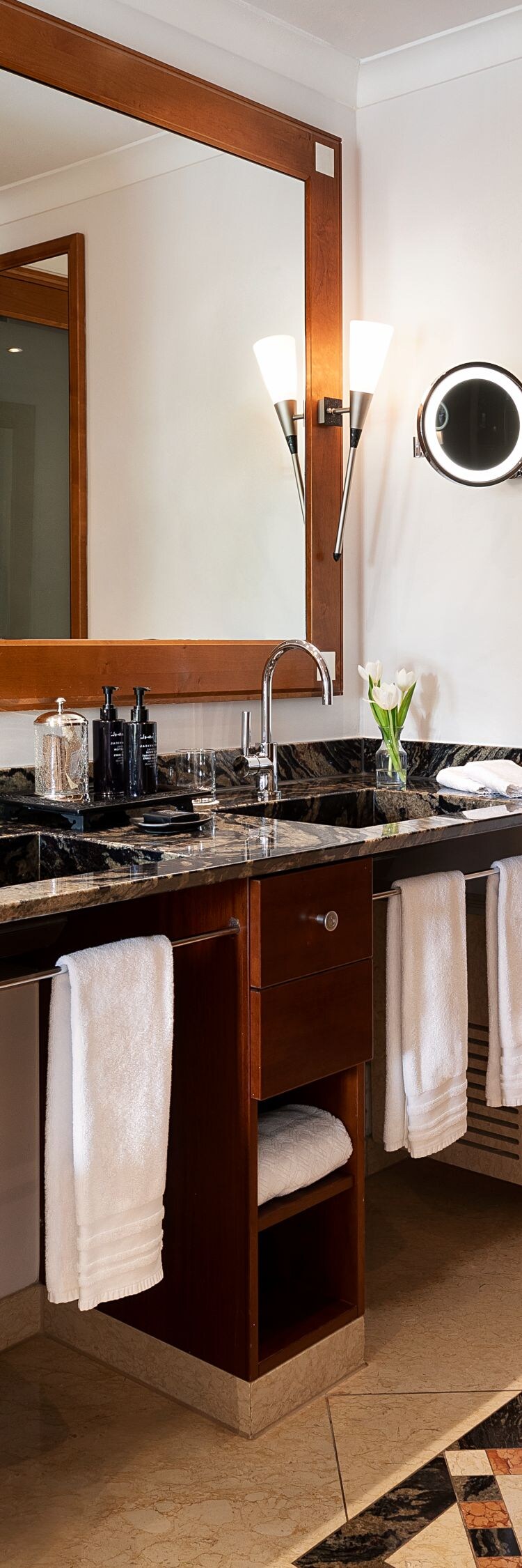 bathtub, double sink vanity, marble fixtures