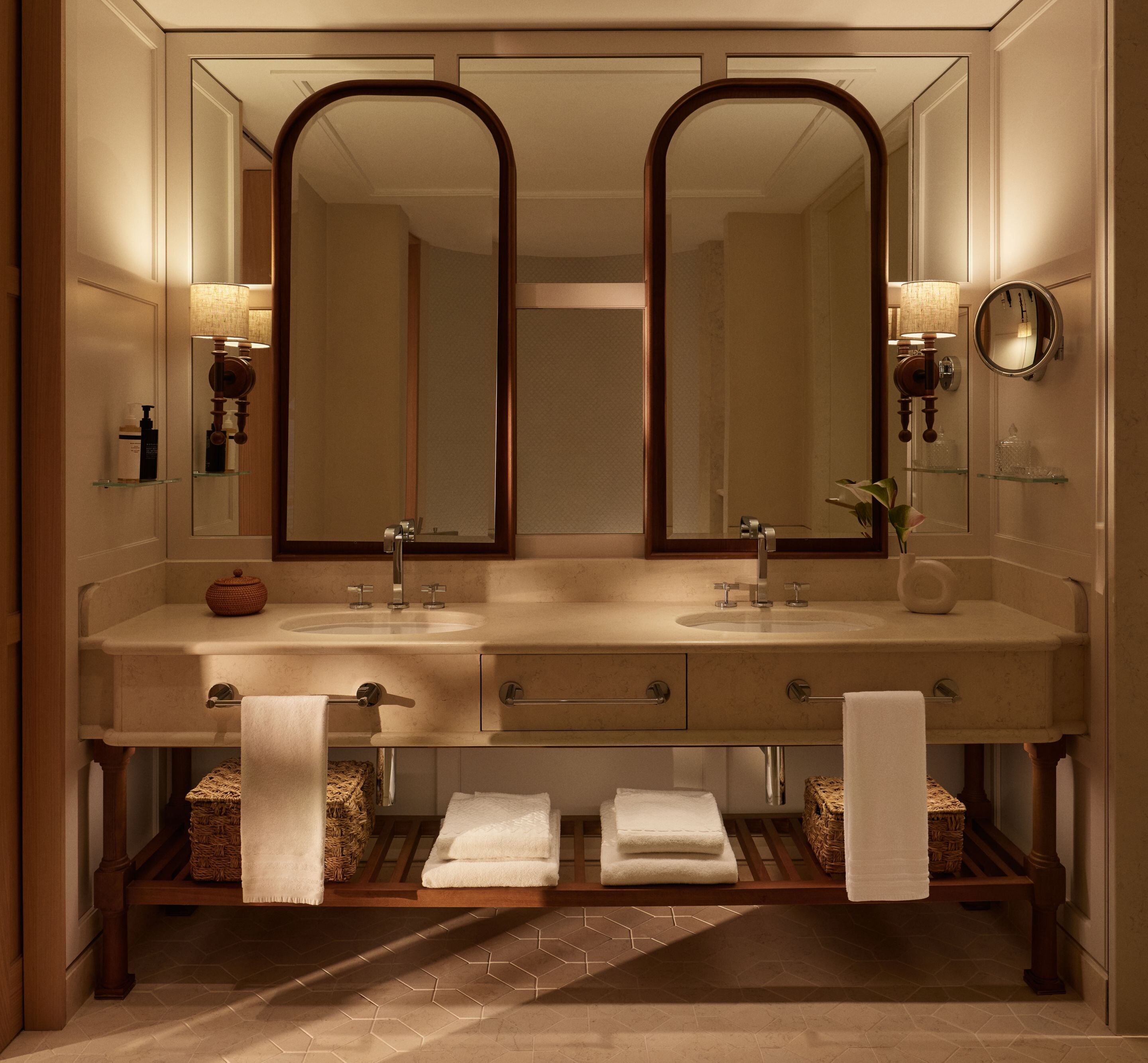 Marble bathroom with bathtub and vanity