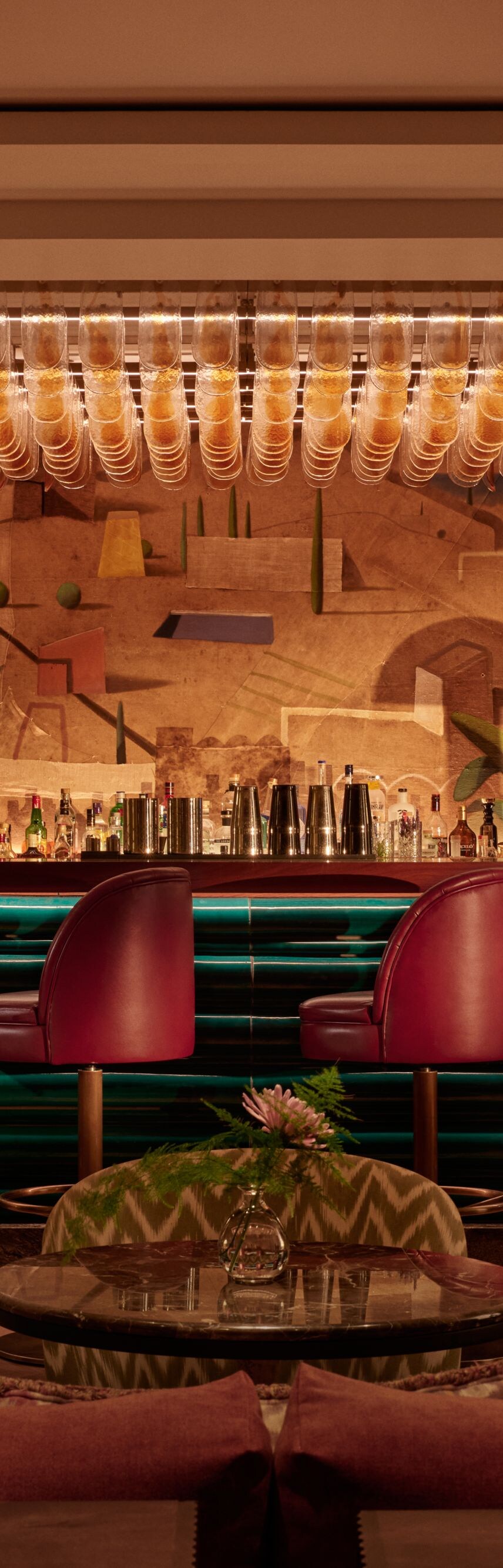 Bar interior with decorative mural