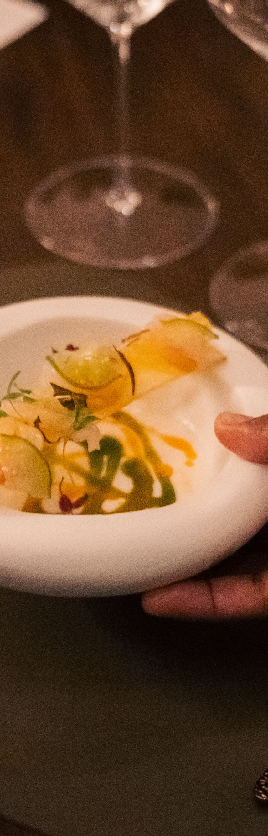 Server presenting a plated gourmet dish at a table