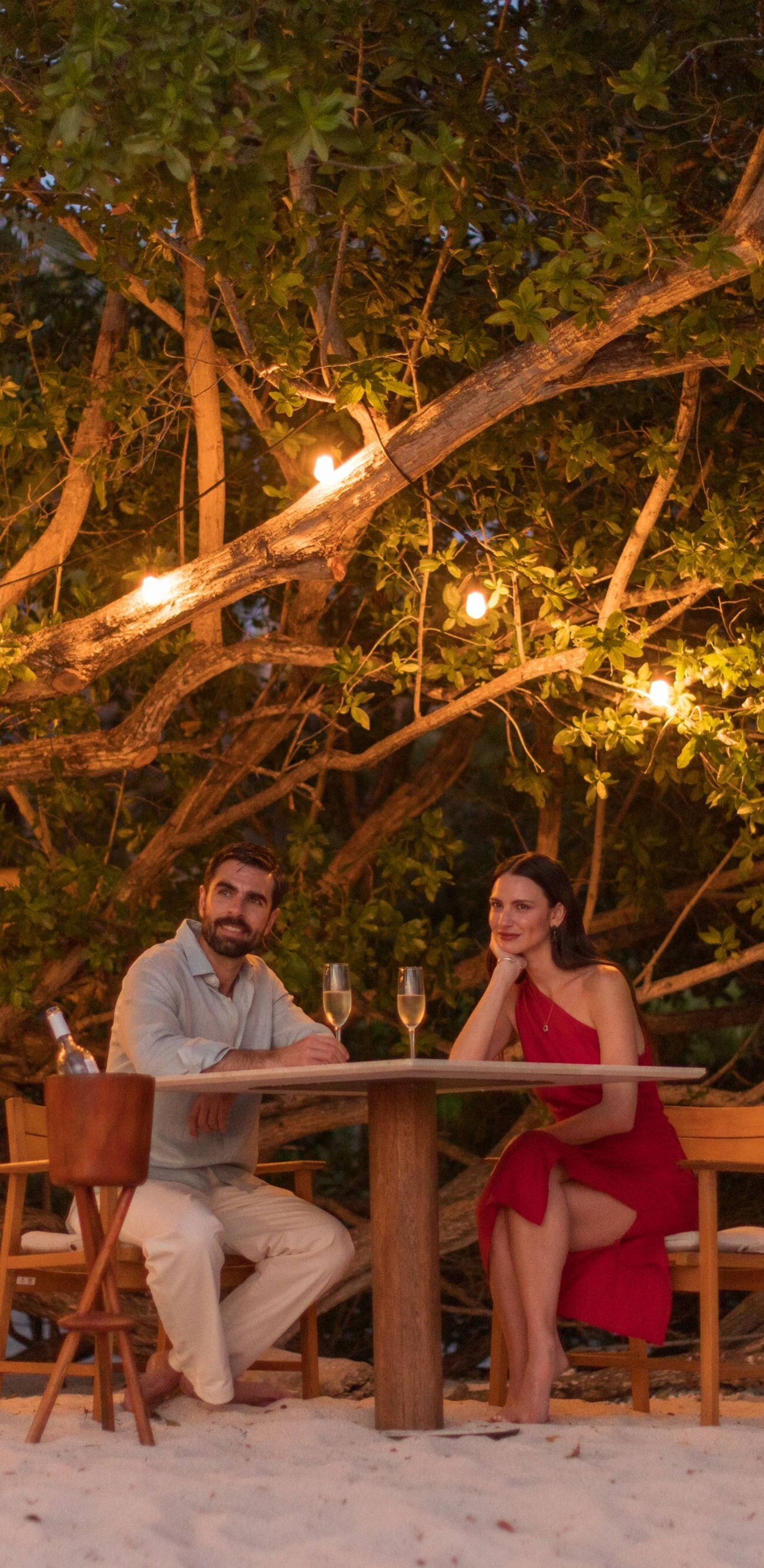Una pareja disfrutando de una cena romántica en la playa