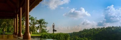 Woman performs a tree pose in an outdoor setting featuring rainforest views and a pool