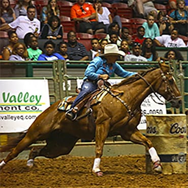 Cowboy riding horse in rodeo competition.