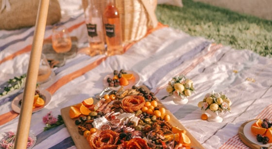Picnic blanket set with charcuterie board, wine bottles, and fruit