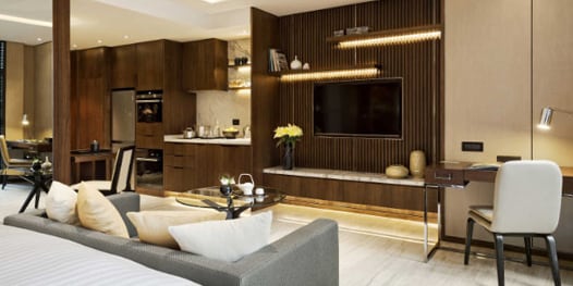 Apartment mit offenen Räumen mit Sofa, Stühlen, TV, Küche