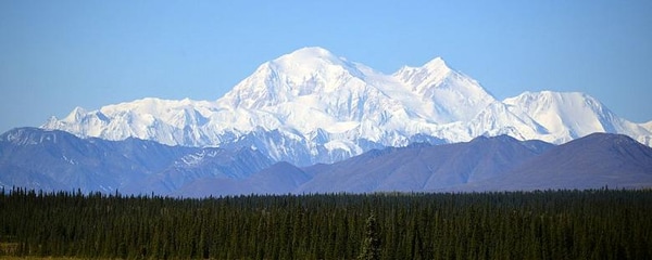 Snow-capped Denali, the highest mountain peak in North America, is found in Alaska