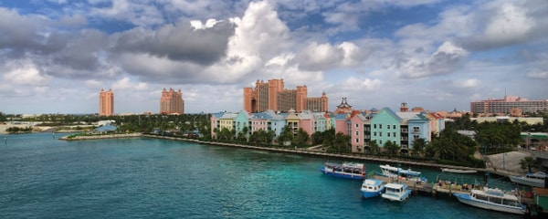 Colourful resorts line the shores of the beach in the Bahamas