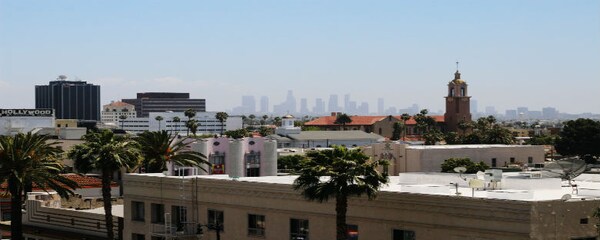 View of the Los Angeles skyline from a far.