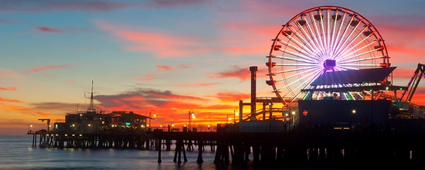 Famous Santa Monica Pier at sunset in California