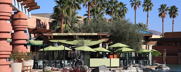 Umbrellas are up outside the Rancho Mirage restaurant in Palm Springs, California