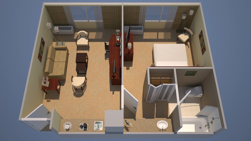 Plano de planta 3D de la suite de un dormitorio